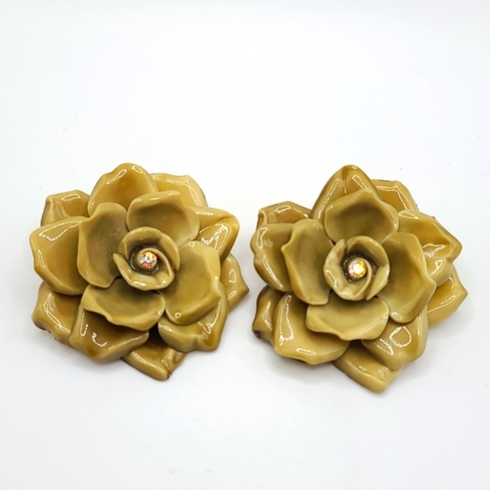 Vintage Olive Green Flower Clip-On Earrings with Rhinestone Centers
